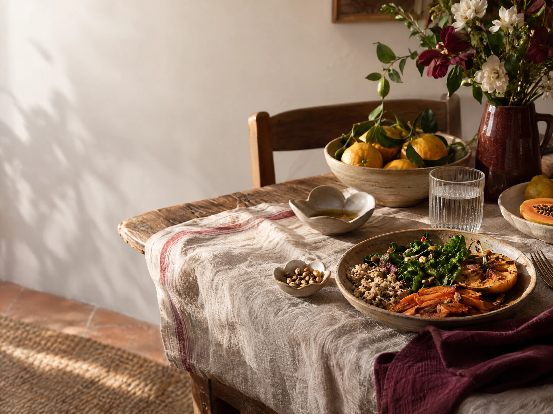 Mesa posta com frutas da estação, folhas verdes e uma refeição simples em cerâmicas acolhedoras